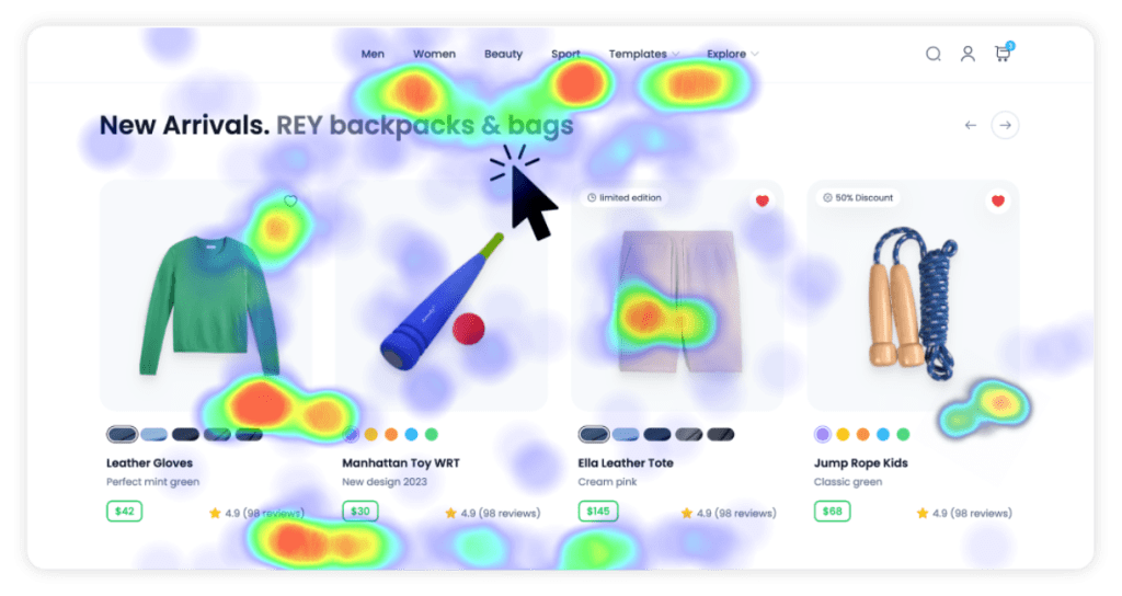 Heatmaps and clickmaps highlight important UI sections