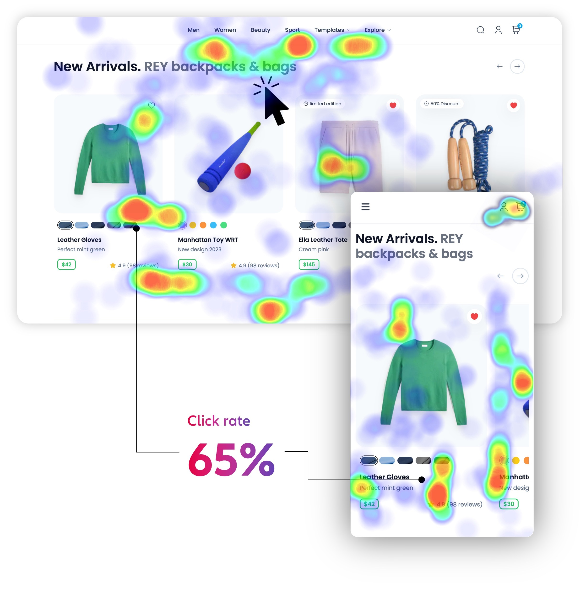 Heatmaps and clicksmaps highlight important UI sections